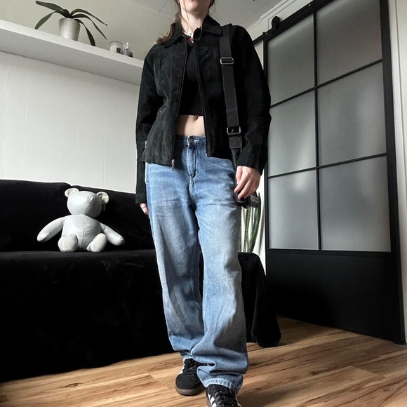 2000s Atmosphere Black Suede Leather Biker Jacket - Picture 2 of 8